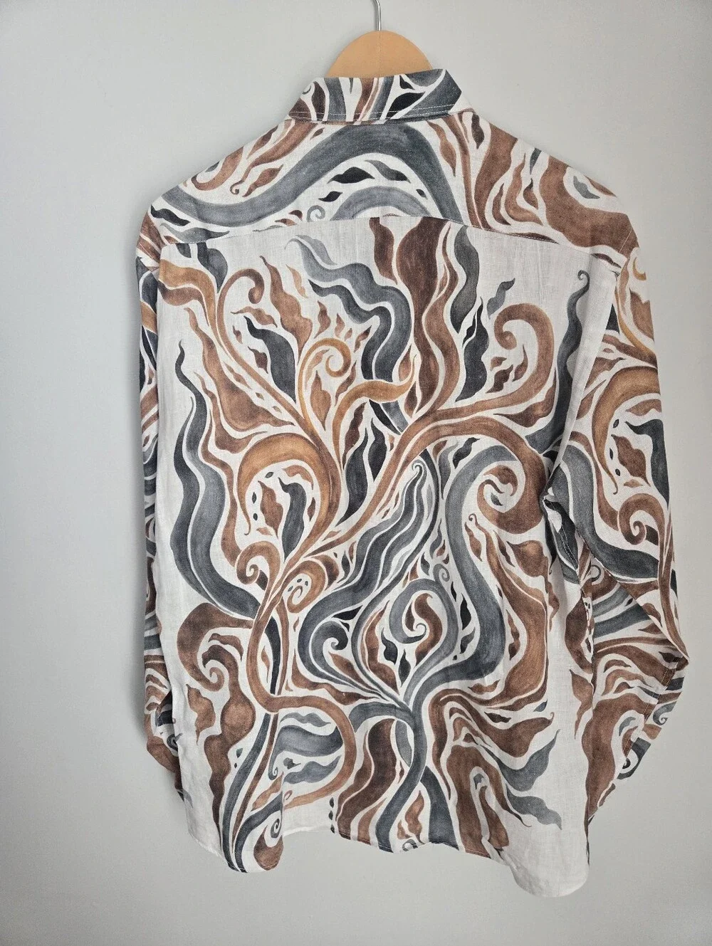 MARCEL MASSIMO Long-Sleeve Linen Shirt in Brown & Gray Button-Up - Picture 9 of 15